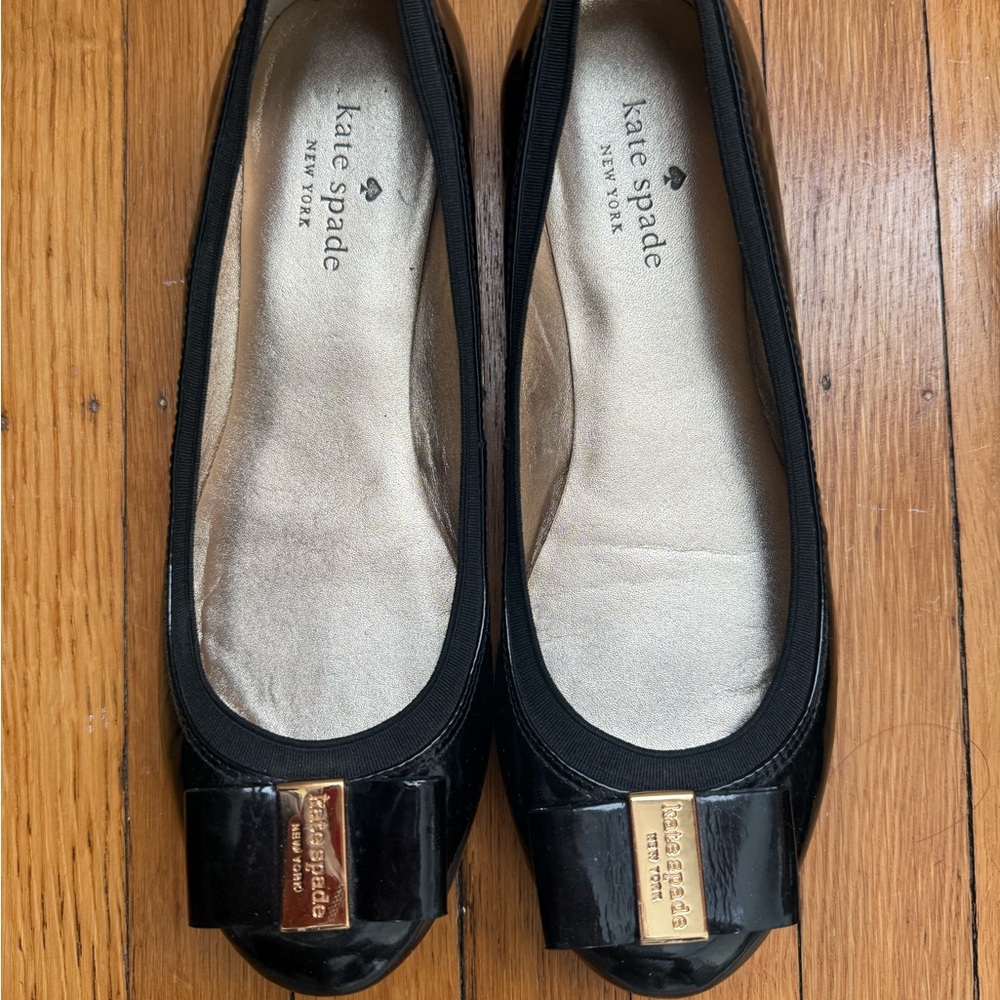 kate spade Black Patent Ballet Flats with Gold Plaque